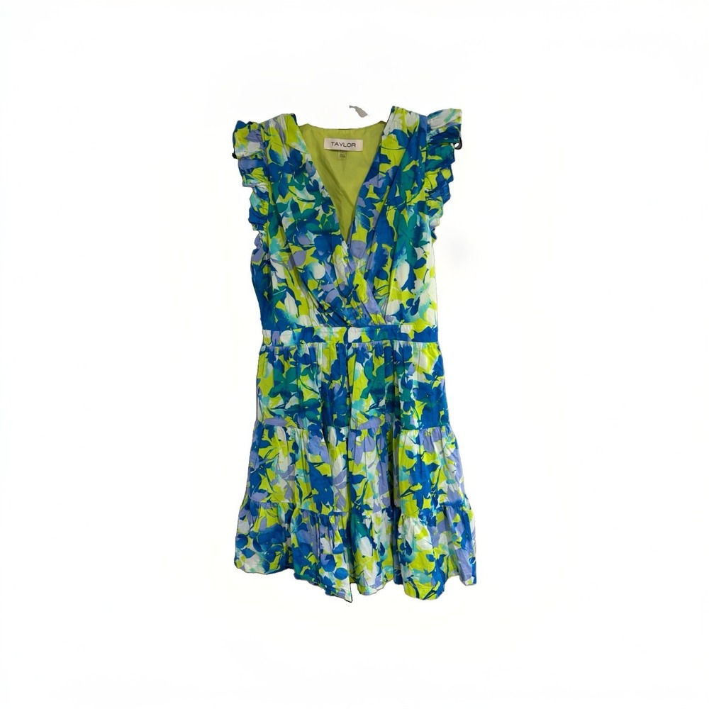 Taylor Floral A-Line V-Neck Flutter Sleeve Cotton Mini Dress Size Large Pockets